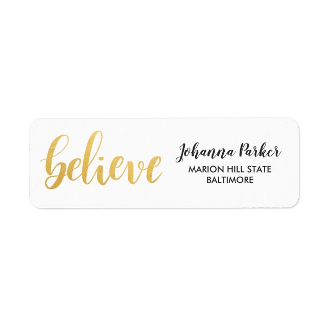 Believe Faux Gold Handwritten Script Holiday Label (Front)
