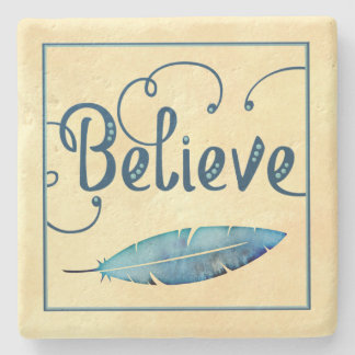 Believe Feather Watercolor Fancy Typography Stone Coaster