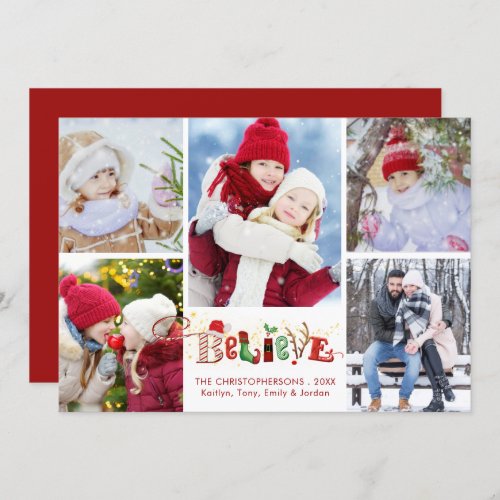 BELIEVE Festive Christmas Typography 5 Photo Holiday Card