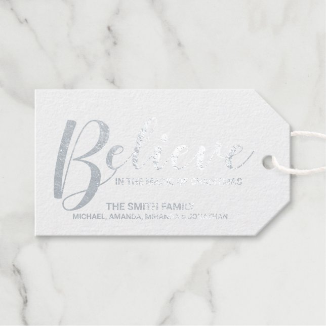 'Believe' Festive Silver Foil Gift Tags (Front (Horizontal))