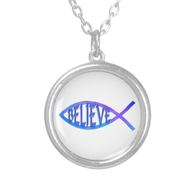 Believe Fish- Blue Silver Plated Necklace (Front)