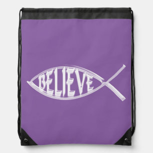 Believe Fish Lavender Drawstring Bag