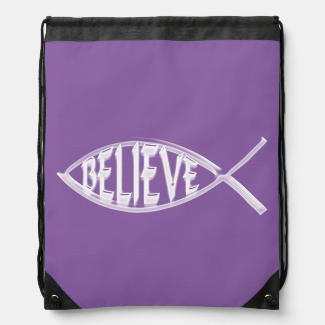 Believe Fish Lavender Drawstring Bag (Front)