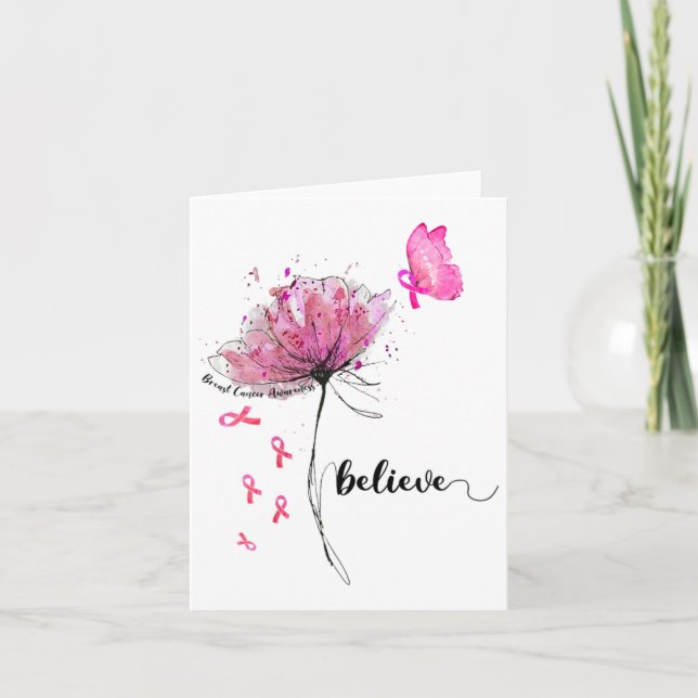 Believe Flower Butterfly Pink Ribbon Breast Cancer Card (Front)
