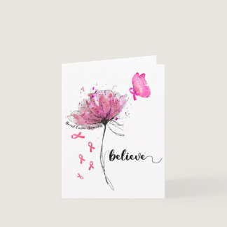 Believe Flower Butterfly Pink Ribbon Breast Cancer Card