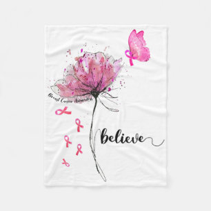 Believe Flower Butterfly Pink Ribbon Breast Cancer Fleece Blanket