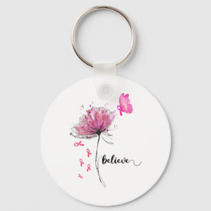 Believe Flower Butterfly Pink Ribbon Breast Cancer Keychain