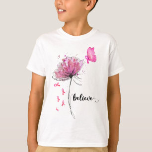 Believe Flower Butterfly Pink Ribbon Breast Cancer T-Shirt