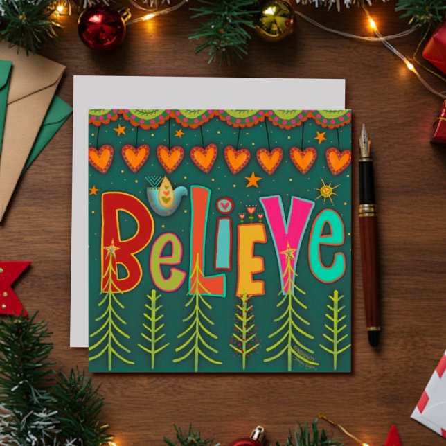 Believe Folk Hearts Christmas Holiday Card (Creator Uploaded)