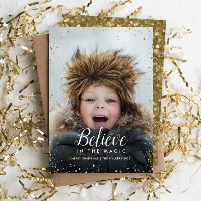 Believe | Glitz Faux Glitter Photo Overlay Holiday Card (Creator Uploaded)