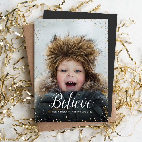 Believe  Glitz Faux Glitter Photo Overlay Holiday Card