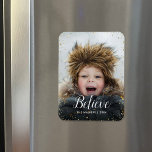 Believe | Glitz Faux Glitter Photo Overlay Magnet<br><div class="desc">Custom printed holiday photo magnets with a simple template for customization. This chic modern design has a faux glitter confetti border and stylish calligraphy text. The wording says "Believe". Personalize it with your photos and add your family name and the year. Use the design tools to edit the text, add...</div>