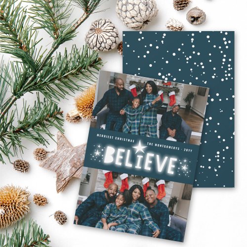 Believe Glowing Stars Religious Christmas 2 Photo Holiday Card