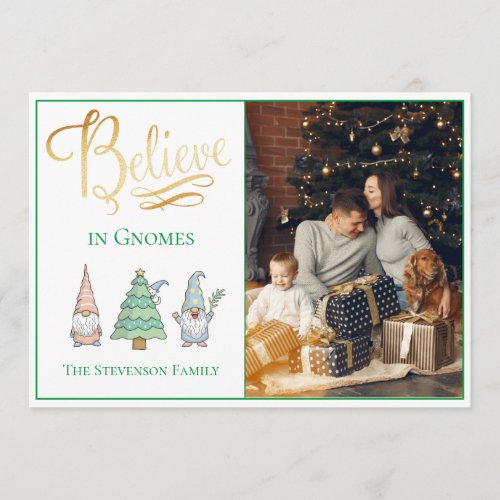 Believe Gnomes Gold Script Photo Glitter Holiday