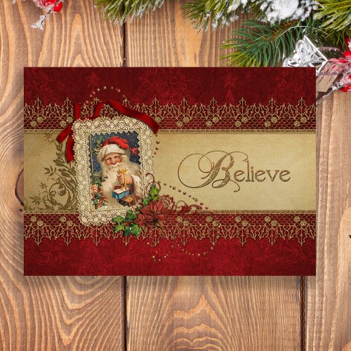 Believe Gold and Red Damask Vintage Christmas Holiday Card