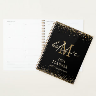Believe Gold Glitter 2024 Monogram Name Black Planner
