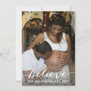 Believe Gold Glitter Christmas Holiday Photo Card