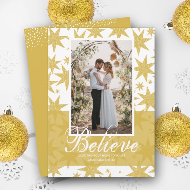 Believe Gold Glitter Stars Christmas Photo Holiday Card (Creator Uploaded)