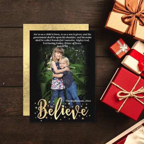 Believe Gold Religious Bible Verse Photo Holiday Card