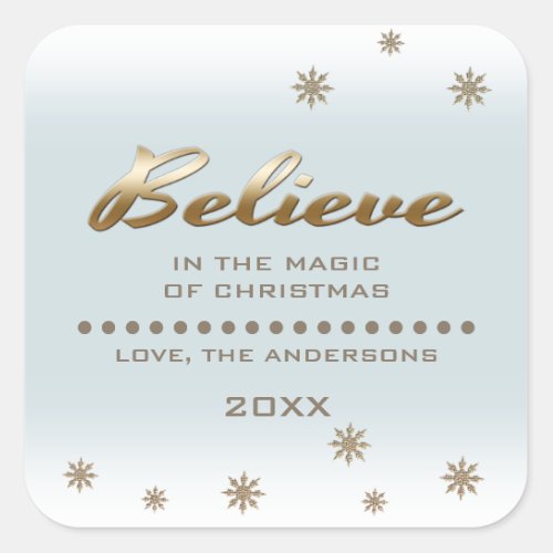 Believe Gold Script and Snowflakes Christmas  Square Sticker