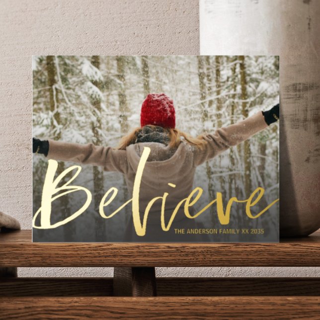 Believe Gold Script Photo Christmas Foil Holiday Postcard (Creator Uploaded)