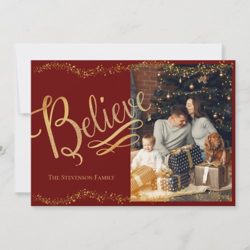 Believe Gold Script Photo Glitter Holiday Card