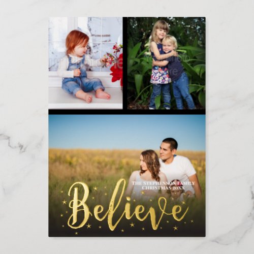 Believe Gold Stars Christmas 3 Photos Foil Holiday Card