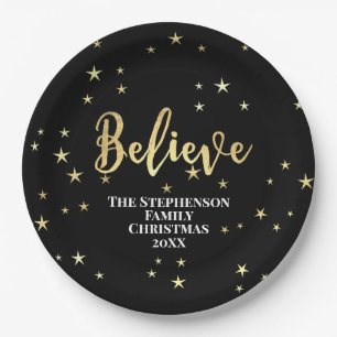 Believe Gold Stars Christmas Paper Plates