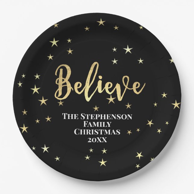 Believe Gold Stars Christmas Paper Plates (Front)
