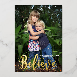 Believe Gold Stars Christmas Photo Holiday Card