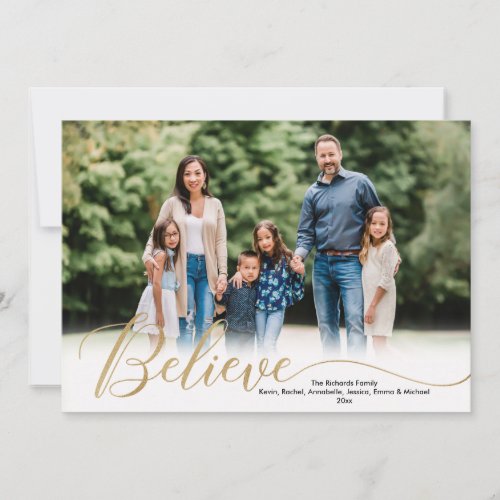 Believe gold white simple photo Christmas card