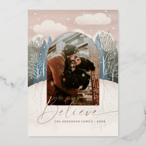 Believe Gold winter woodland religious Christmas Foil Holiday Card