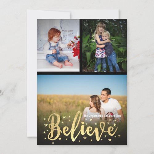 Believe Gold Writing Christmas 3 Photo Greeting Holiday Card