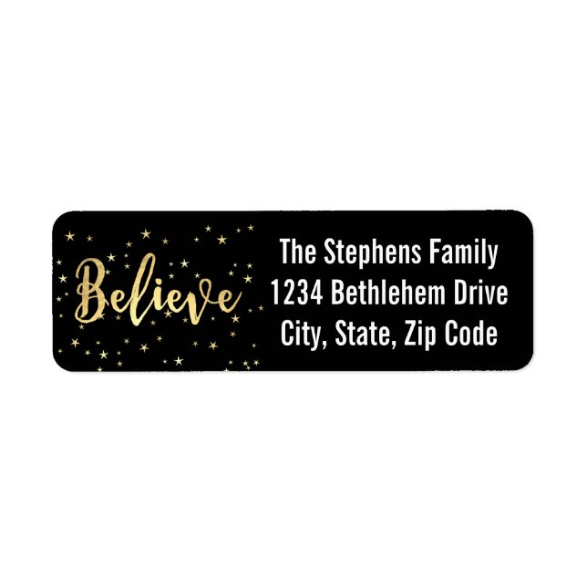 Believe Gold Writing Christmas Return Address Label (Front)