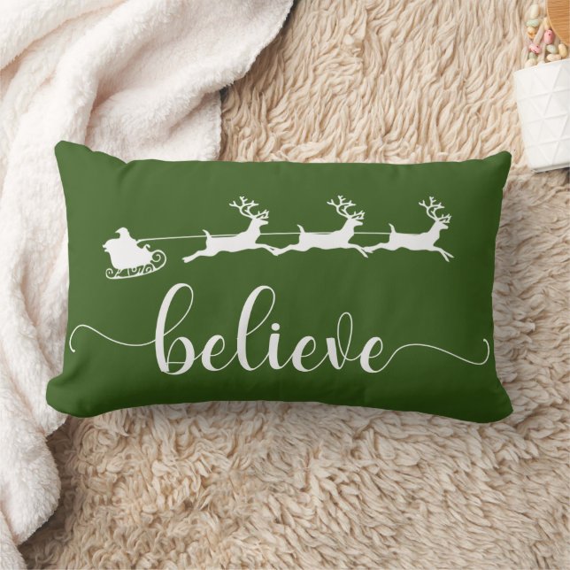Believe | Green Christmas Holiday Lumbar Pillow (Blanket)