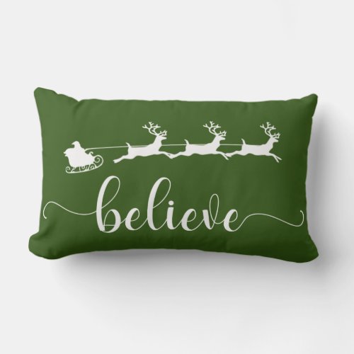 Believe  Green Christmas Holiday Lumbar Pillow