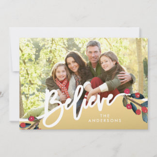 Believe Hand Lettered Berries Gold Holiday Photo Card