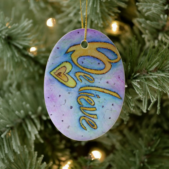 Believe Heart Word Art Holiday Gift Ornament (Tree)