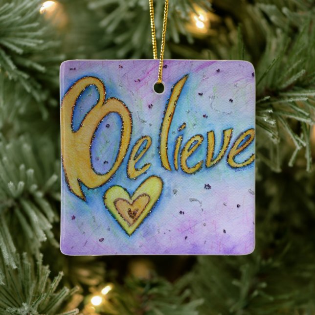 Believe Heart Word Art Holiday Gift Ornaments (Tree)