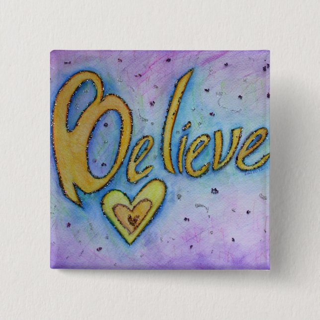 Believe Heart Word Art Lapel Pin Button (Front)