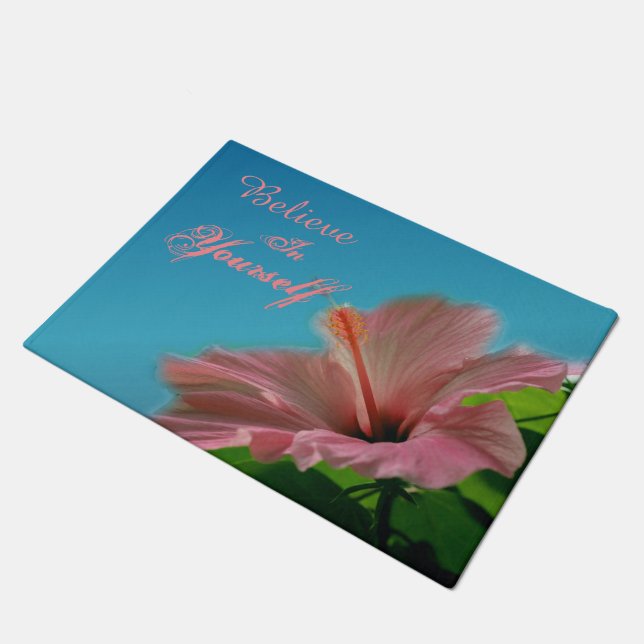 Believe Hibiscus Flower Inspirational Quote  Doormat (Angled)