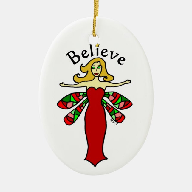 Believe Holiday Dragonfly Fairy Ceramic Ornament (Front)