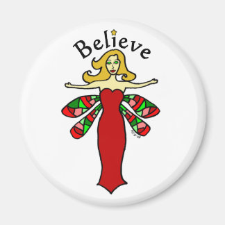 Believe Holiday Dragonfly Fairy Round Magnet