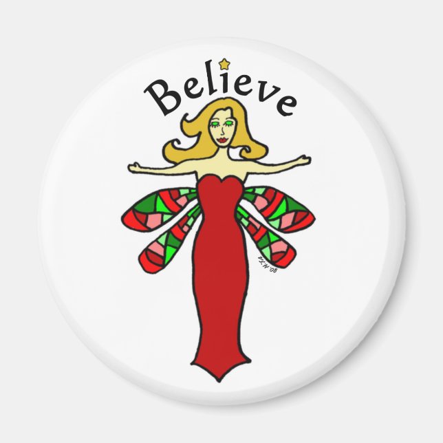 Believe Holiday Dragonfly Fairy Round Magnet (Front)