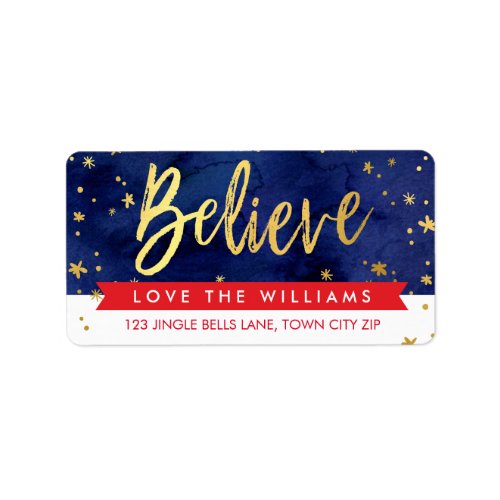 BELIEVE HOLIDAY magical christmas gold red navy Label