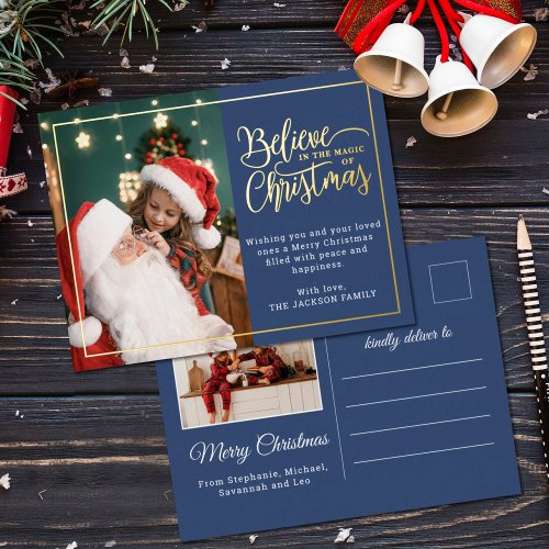 Believe in Christmas magic 2 family photos blue Foil Holiday Postcard