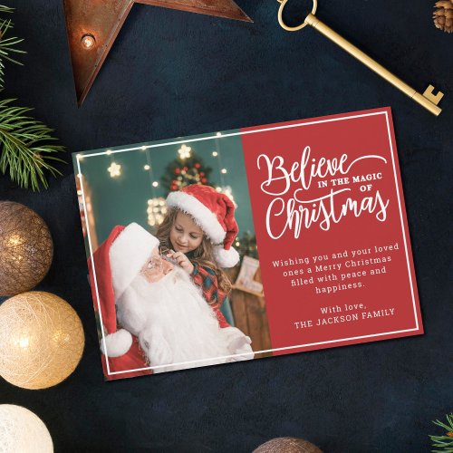 Believe in Christmas magic 2 family photos red Holiday Card