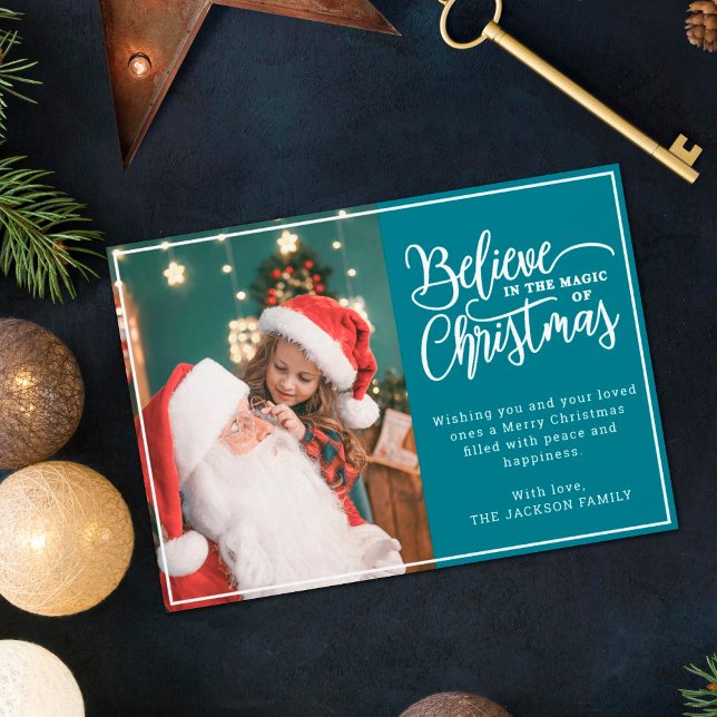 Believe in Christmas magic 2 family photos teal Holiday Card (Creator Uploaded)