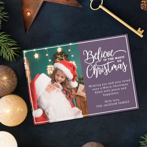 Believe in Christmas magic 2 family photos violet Holiday Card