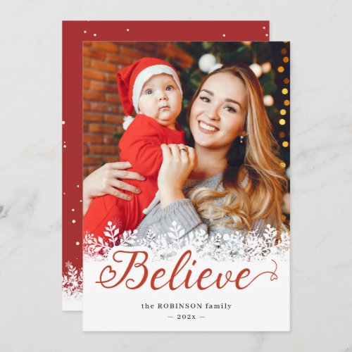 Believe in Christmas Snowfall Snowflake 2 Photo Holiday Card